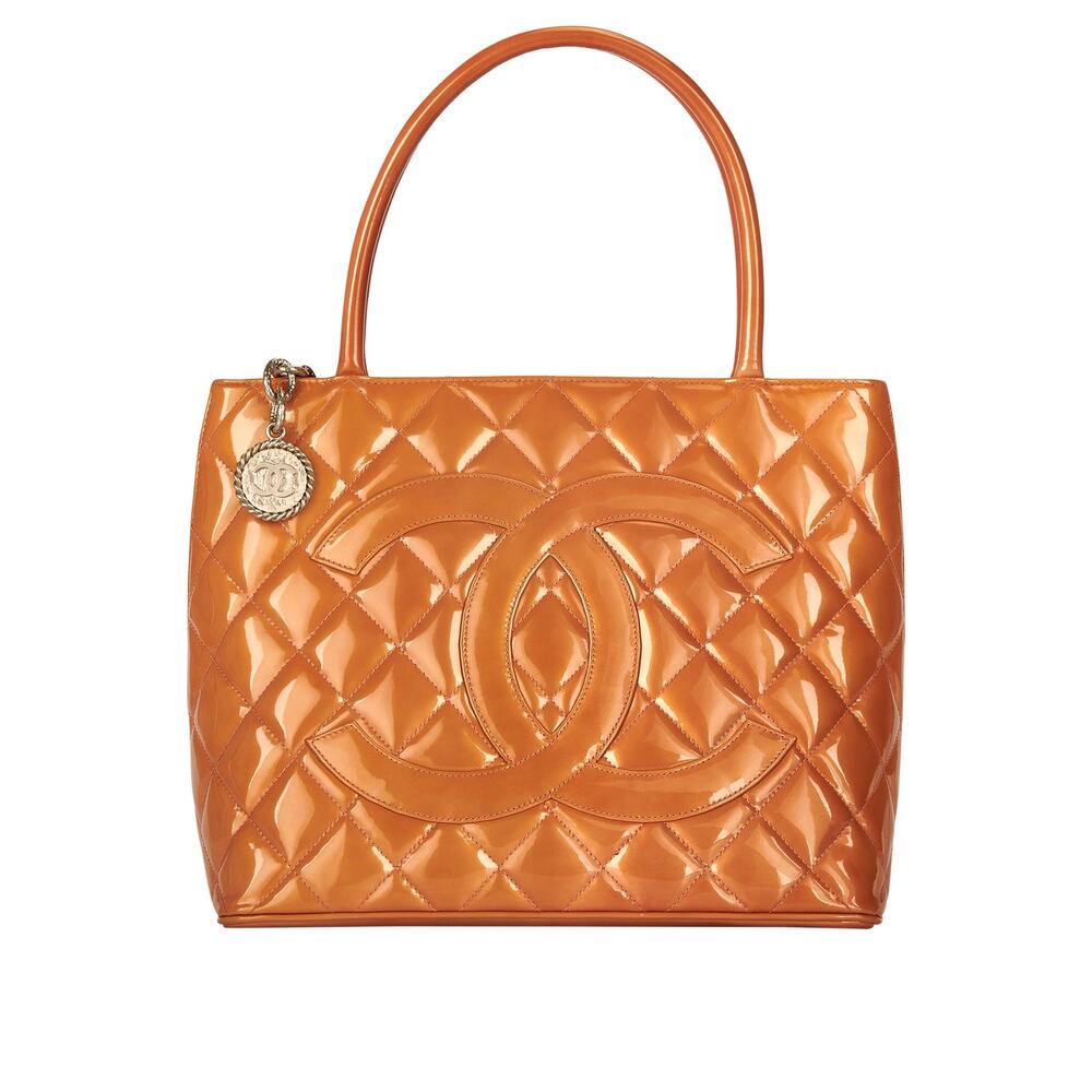 CHANEL Patent Medallion Quilted Patent Leather Top Handle Tote Bag Orange